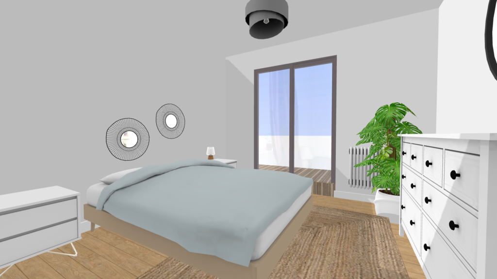 Plan 3D détaillé d’ue chambre moderne et lumineuse, vue intérieure