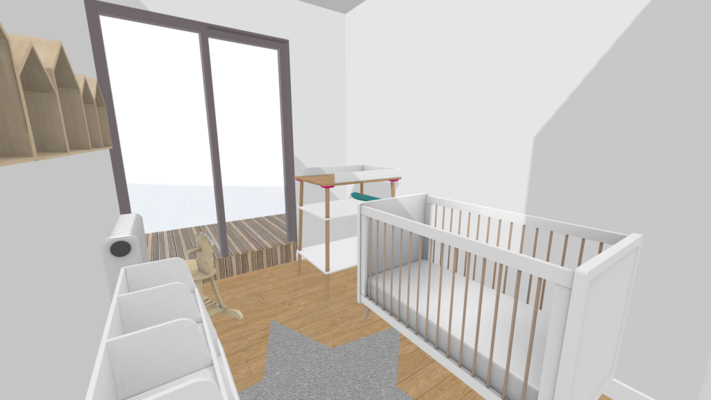 Plan 3D détaillé d’ue chambre moderne et lumineuse, vue intérieure