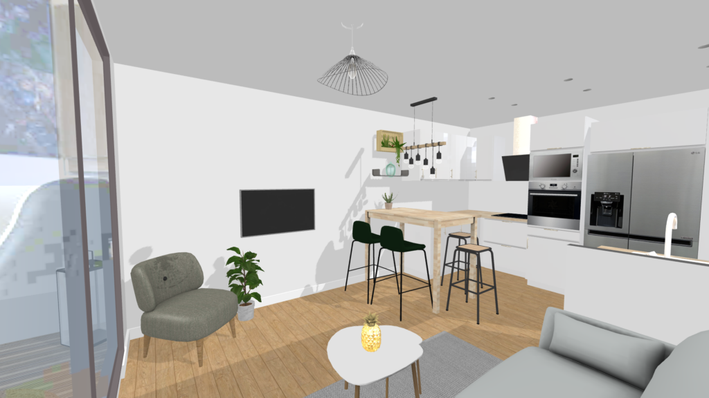 Plan 3D détaillé d’un séjour moderne et lumineux, vue intérieure